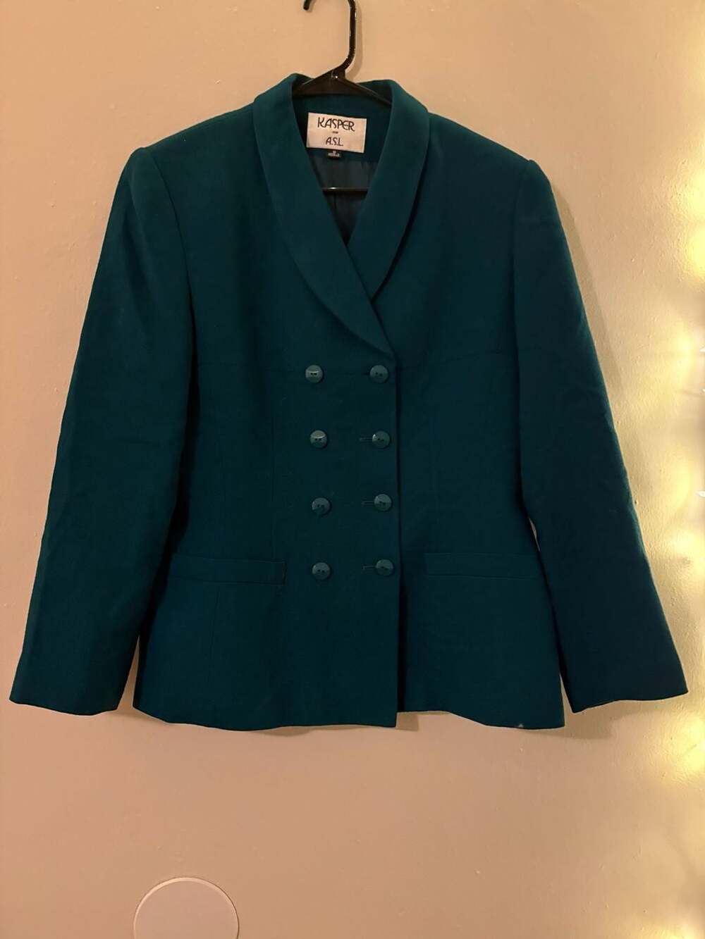 Vintage Kasper Wool Double-Breasted Blazer Teal Size 8 Preppy Careerwear